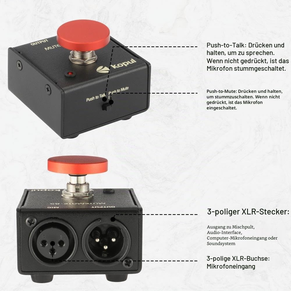 Momentane Mikrofonstummschaltung/Sprechtaste – Push-to-Talk oder Push-to-Stummschaltung, LED-Anzeige, XLR-In/Out, Desktop- oder Fußschalter, für dynamische Mikrofone und Kondensatormikrofone für