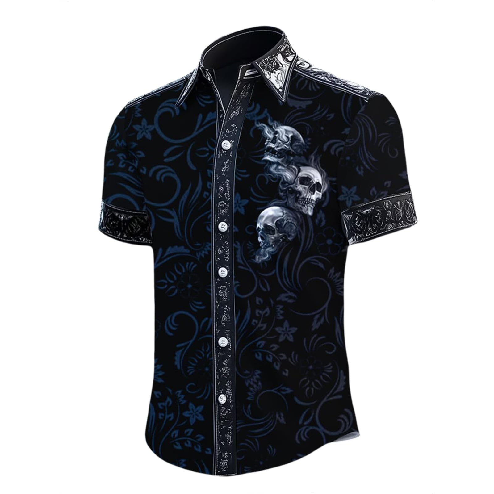 Zanisouta Halloween Costume Men's Short Sleeve Summer Shirt Gothic Casual Shirt Horror Skull Printed Blouse Lapel Button Shirt Blood Splatter Tops Funny Outfit Carnival Party Shirt, S dark grey., XXL