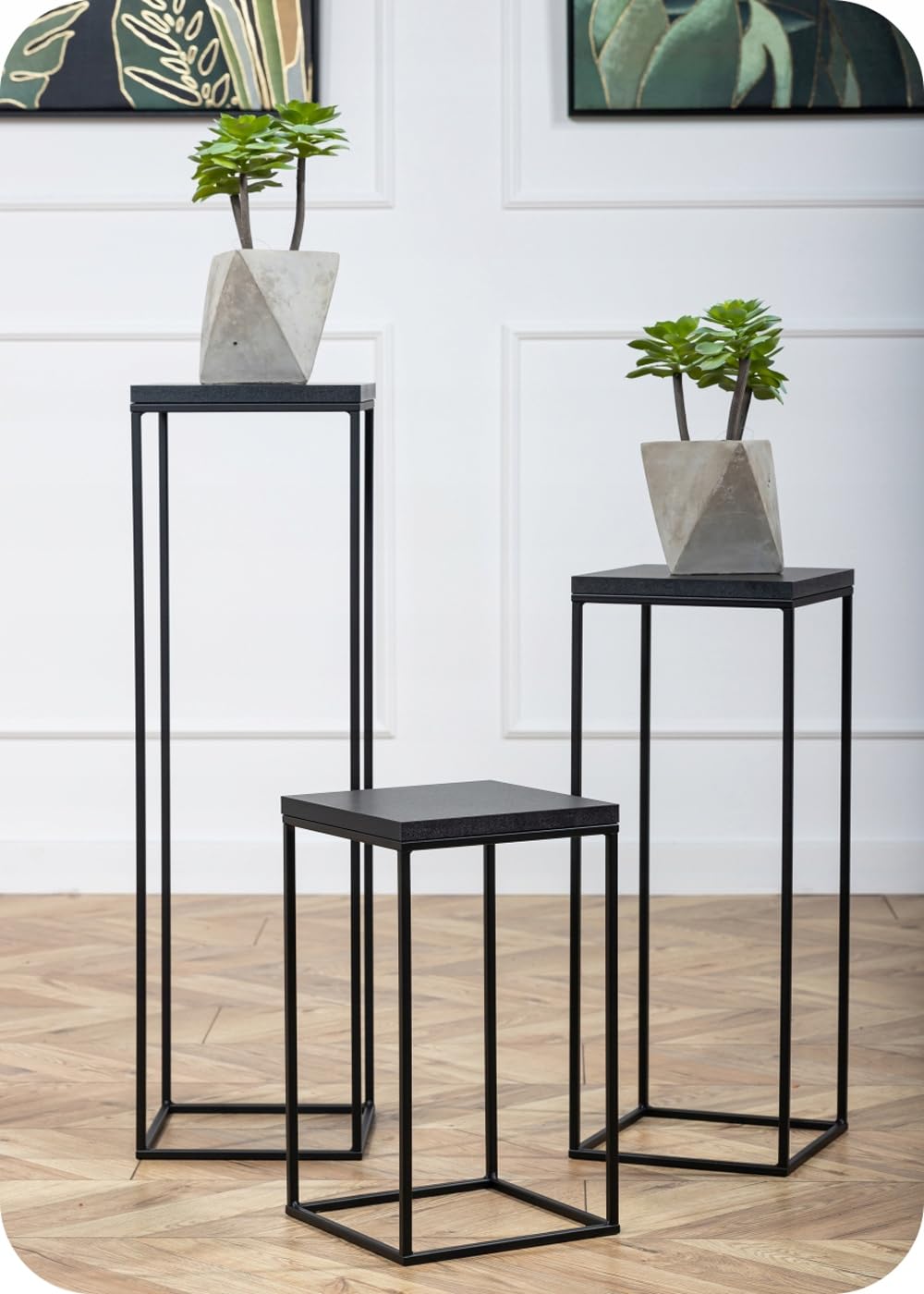 Supporto per piante in metallo, altezza 60 cm, stabile e solido, in stile loft, supporto per fiori con pannello in MDF nero per la decorazione di interni