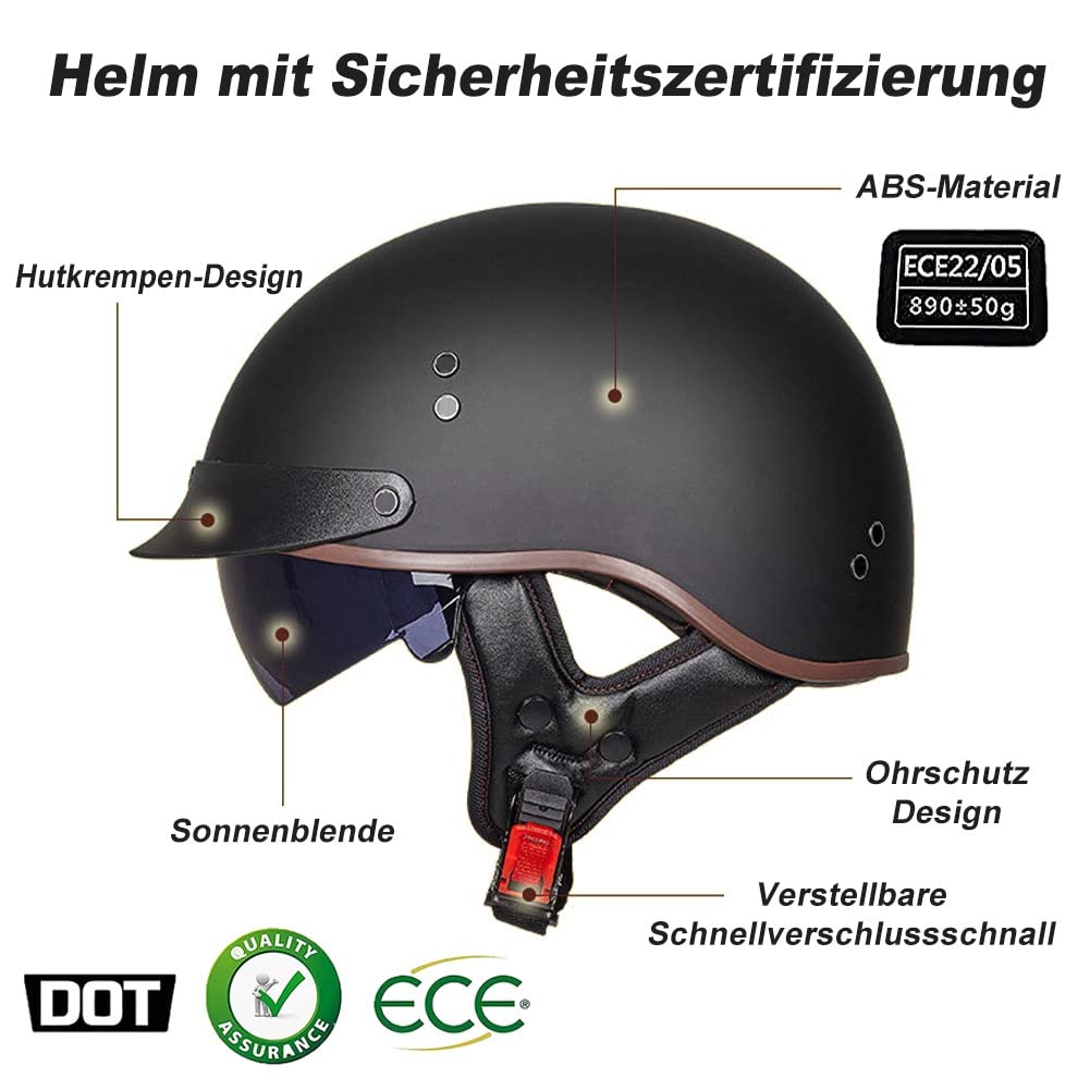 Halbschalenhelm mit ECE, Jethelm Retro, Chopper Helm, Retro Motorrad Helm, Scooter-Helm, Offenem Helm, mit Sonnenblende und Herausnehmbares Atmungsaktives Futter M~XXL 57~64CM