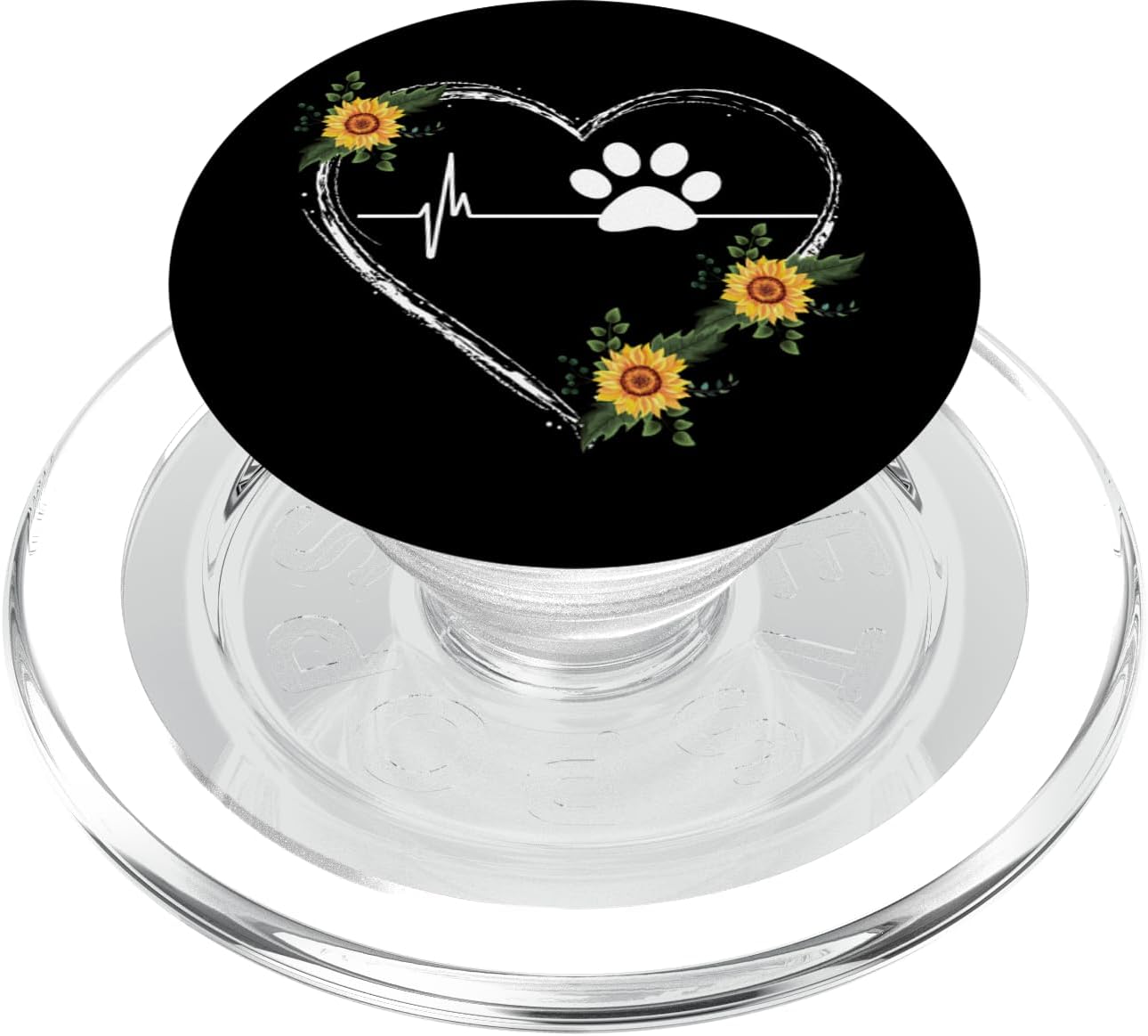 Paw Print Heartbeat With Sunflower Heart On Black PopSockets MagSafe PopGrip for iPhone