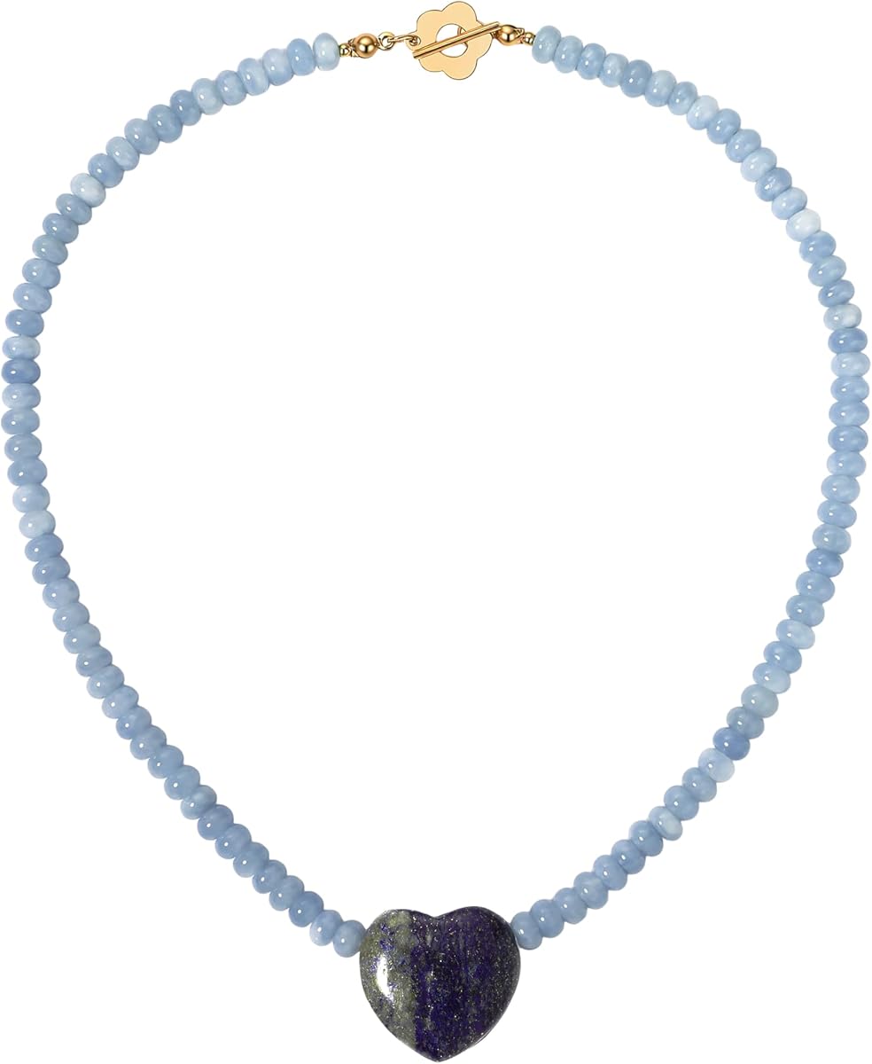 Beaded Necklaces for Women,Natural Stone Necklace, Bead Choker with Heart Pendant, Handmade Surfer Beach Necklace Trendy Stone Jewelry Gifts