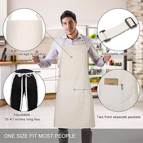 Miniatura 2 de Jubatus Paquete de 2 delantales 100% algodón con 2 bolsillos para cocinar, cocinero, delantal ajustable para mujeres y hombres, color beige