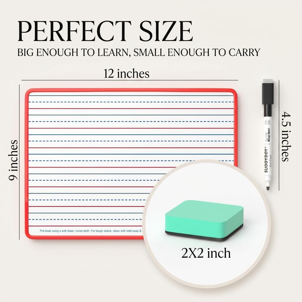 Dry Erase Boards 6 Pack, Colored Frame Double Sided Magnetic Small Whiteboards with Lines for Kids, Students, Teacher & Classroom Pack