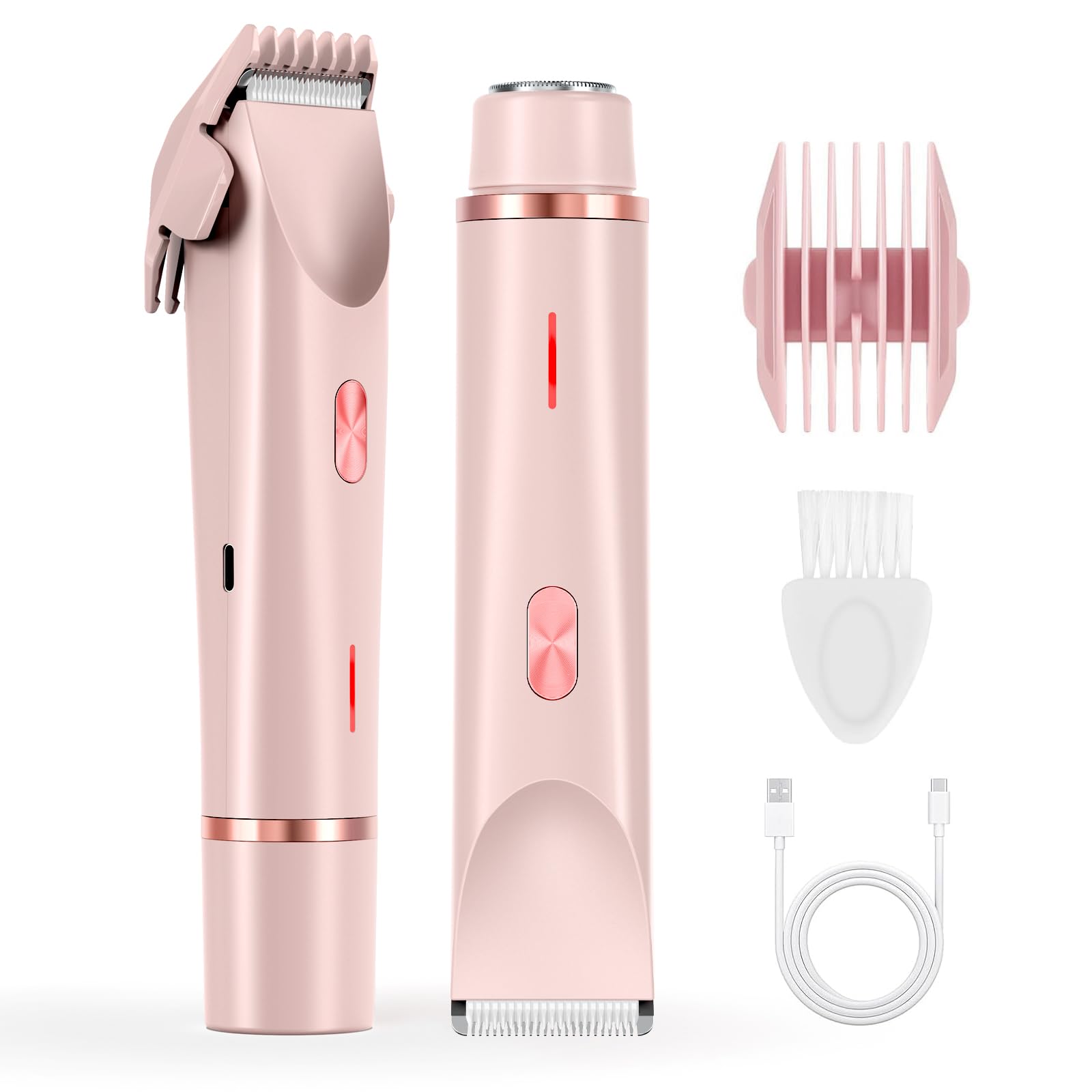 Rasoir électrique 2 en 1 pour femme - Design double tête IPX7 - Étanche - Utilisation humide et sèche - Tondeuse pour le visage, les aisselles, les bras, le visage et les jambes (rose)