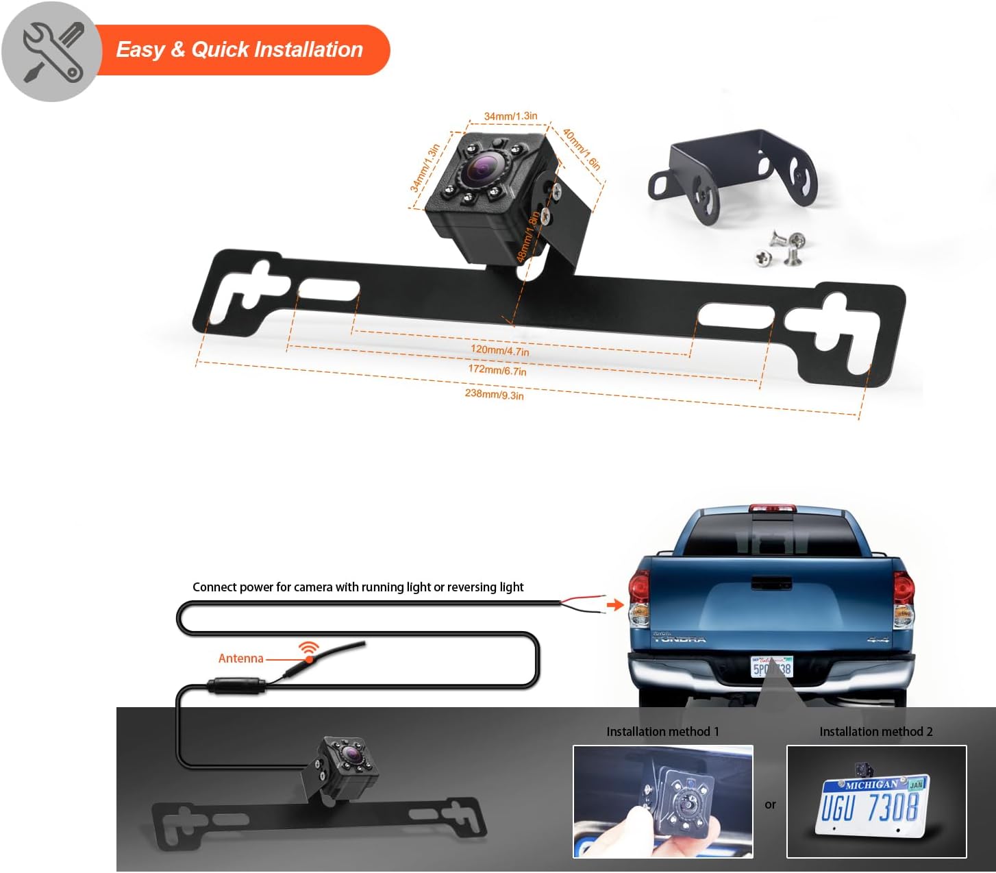 Diagram showing camera dimensions and installation methods