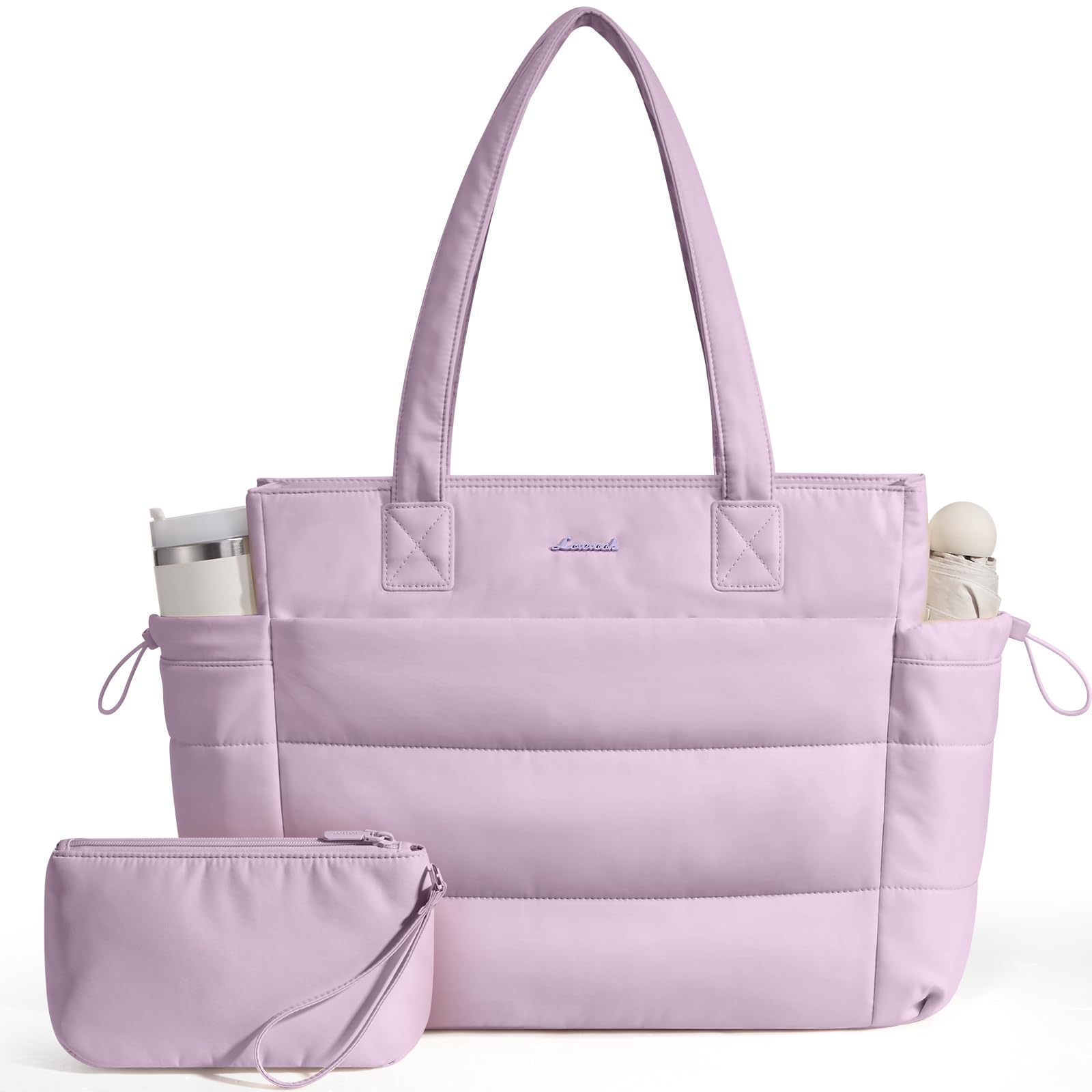 LOVEVOOK Tote Bag for Women with Giant Tumbler Holder Pocket, Puffer Work Travel Laptop Handbag with Zipper for Nurse Teacher