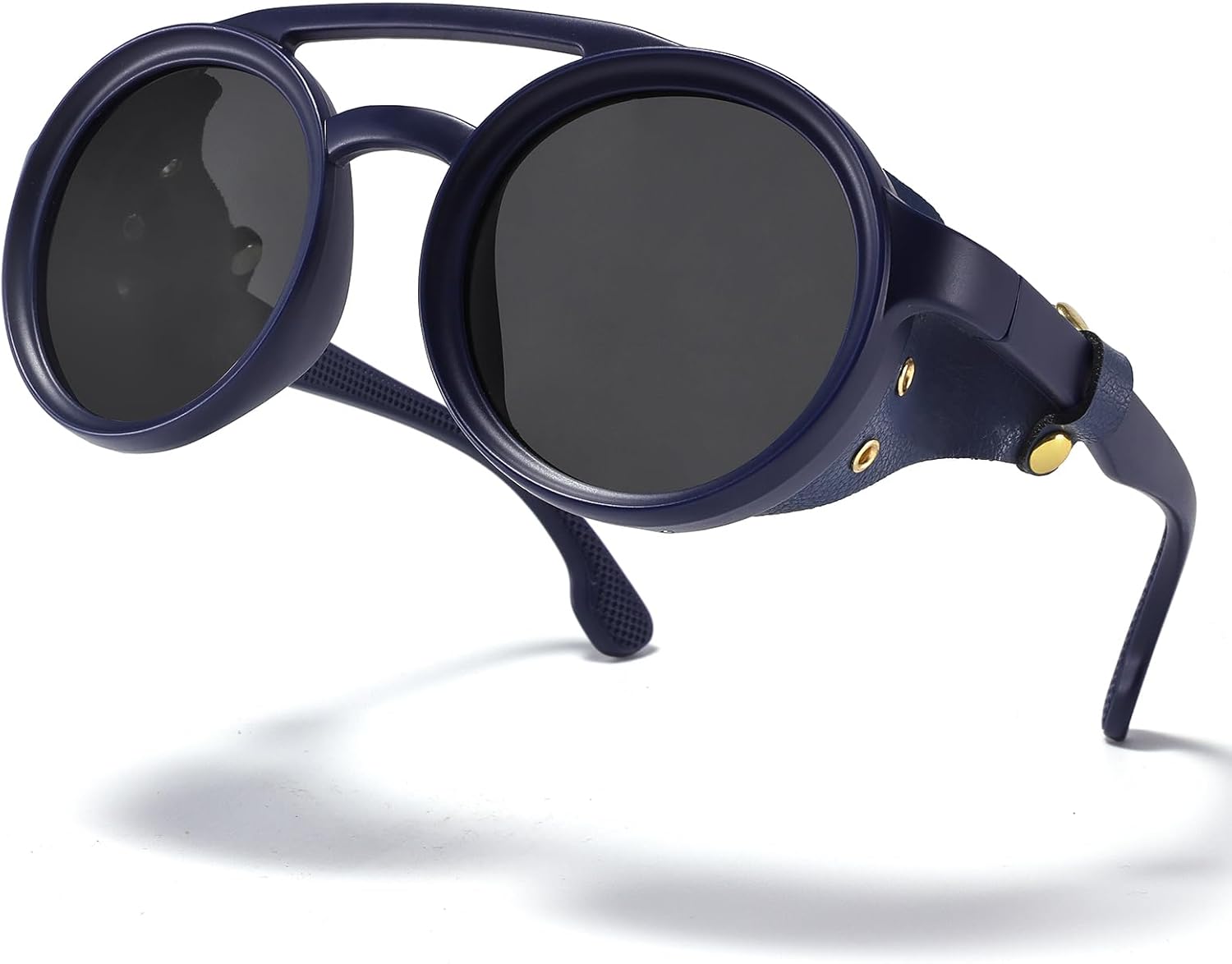 Polarized Round Steampunk Sunglasses with Leather Side Double Bridge Shield Retro Eyewear for Men Women - Image 4