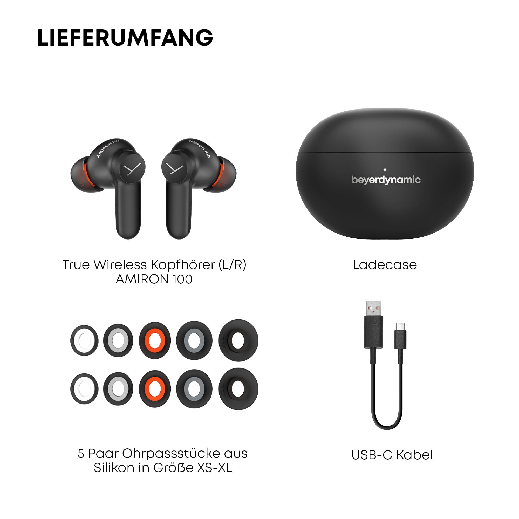 beyerdynamic AMIRON 100 True Wireless Kopfhörer mit Aktiver Geräuschunterdrückung, 27 Stunden Akkulaufzeit, Transparenzmodus, Bluetooth® 5.3, kompaktes Design in schwarz