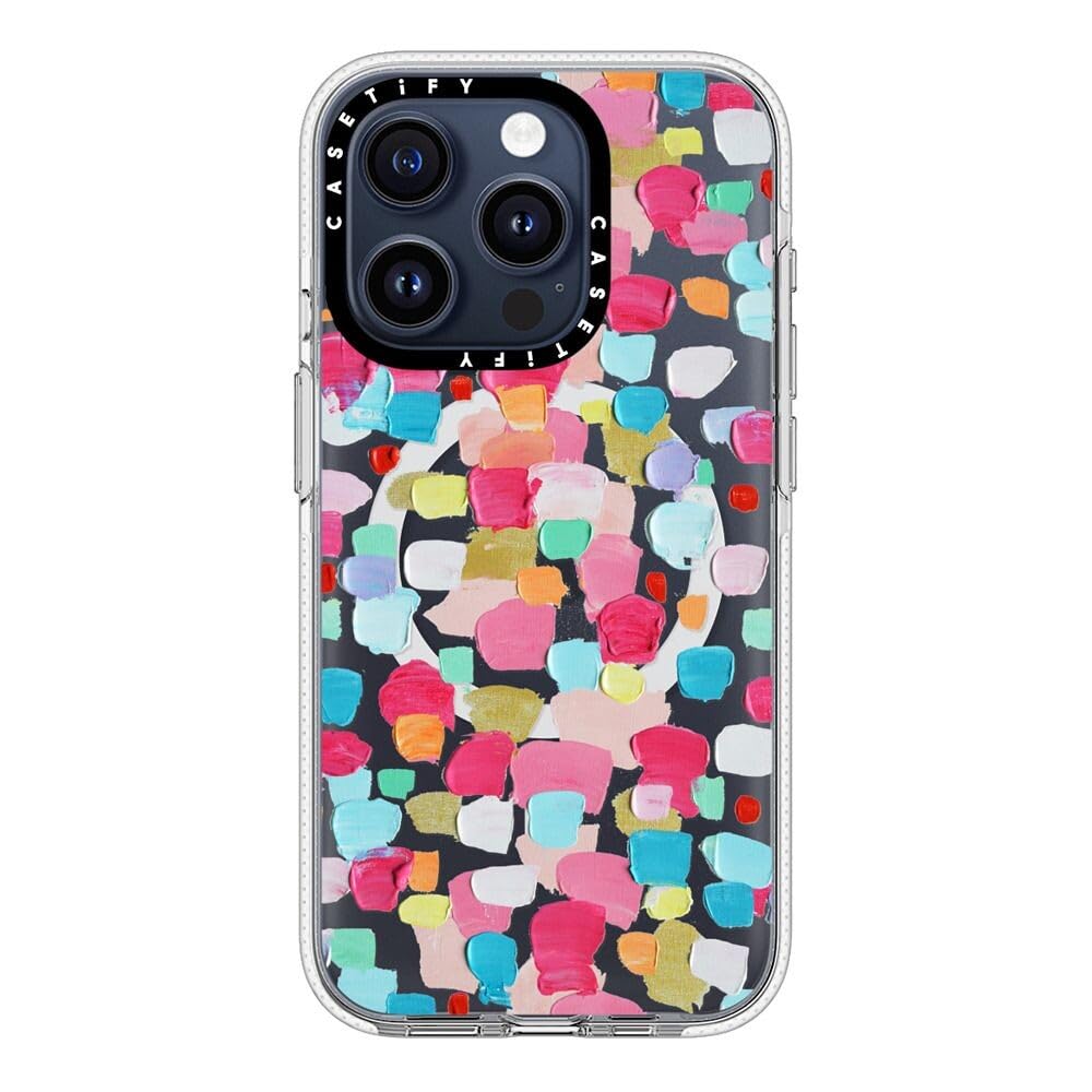 CASETiFY Funda transparente para iPhone 15 Pro (no amarillea/6.5 pies, protección contra caídas de grado militar 3X/Magsafe), confeti magenta, transparente