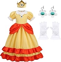 Vista 9 de Disfraz de princesa para niñas, vestido de cosplay de Halloween con corona, aretes, vestido de princesa para niños