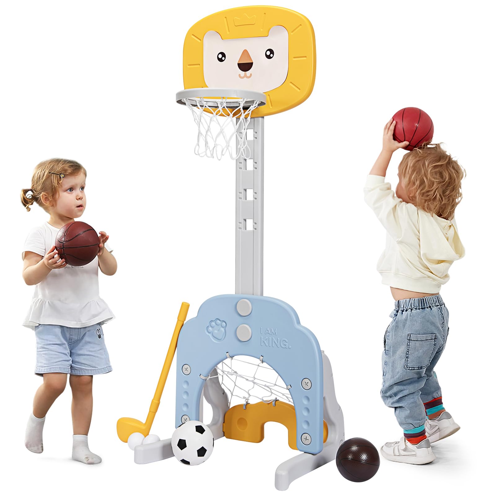 HOMASIS 3 in 1 Canestro Basket Bambini con Pallacanestro, Calcio e Golf, Basket Bambino a Forma di Leone con Altezza Regolabile 110-149 cm, Canestro Basket da Camera da Esterno (Giallo)