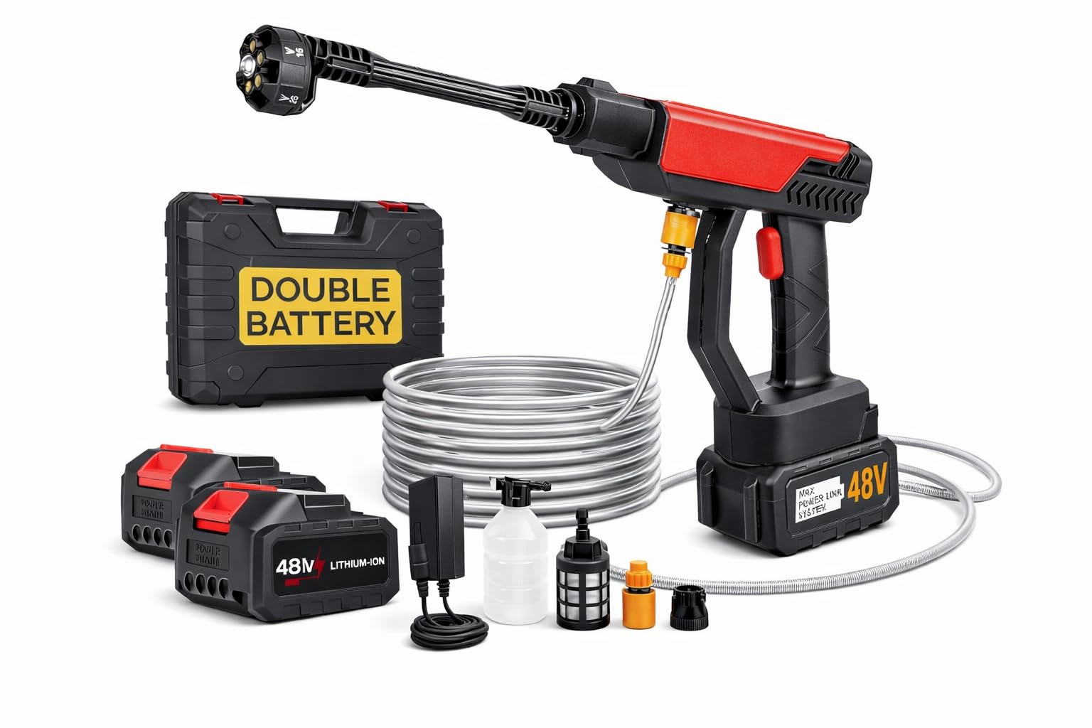 (Double Battery) Cordless Portable Wireless Pressure Washer Gun 48V 15000mAh High Pressure Water Gun for Car Wash and Bike Cleaning with Adjustable Nozzle and 5M Hose Pipe
