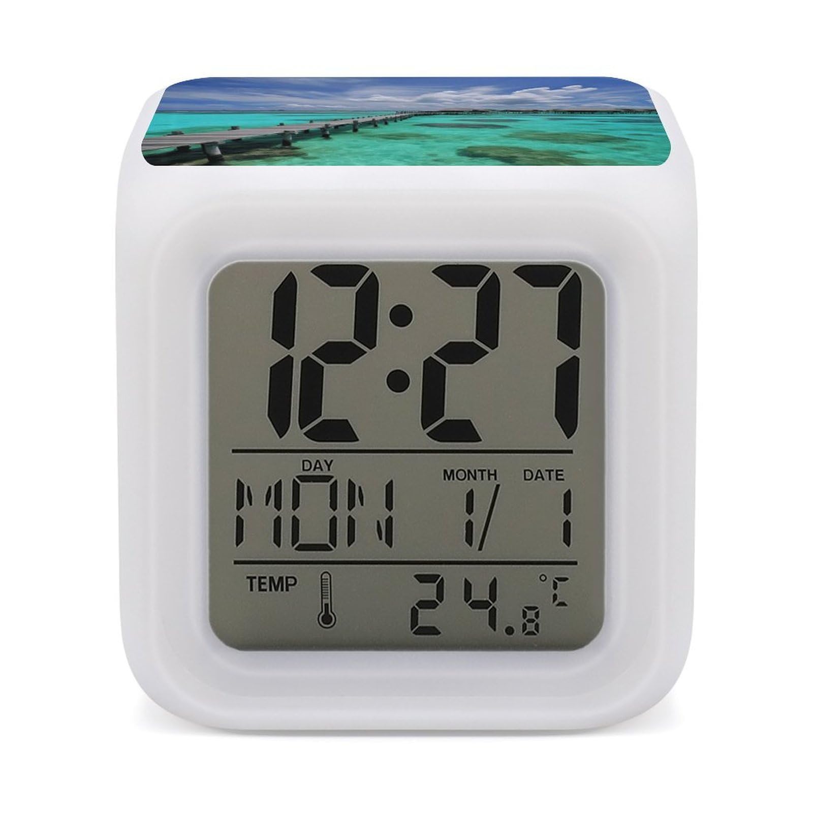 DWVTSLH Maldives Scenery Alarm Clock with 7 Color Changing Night Light, Wake Up Digital Clock for Bedroom, Bedside Cube Clock with Date, Temperature, Battery Operated Desk Clock Gift