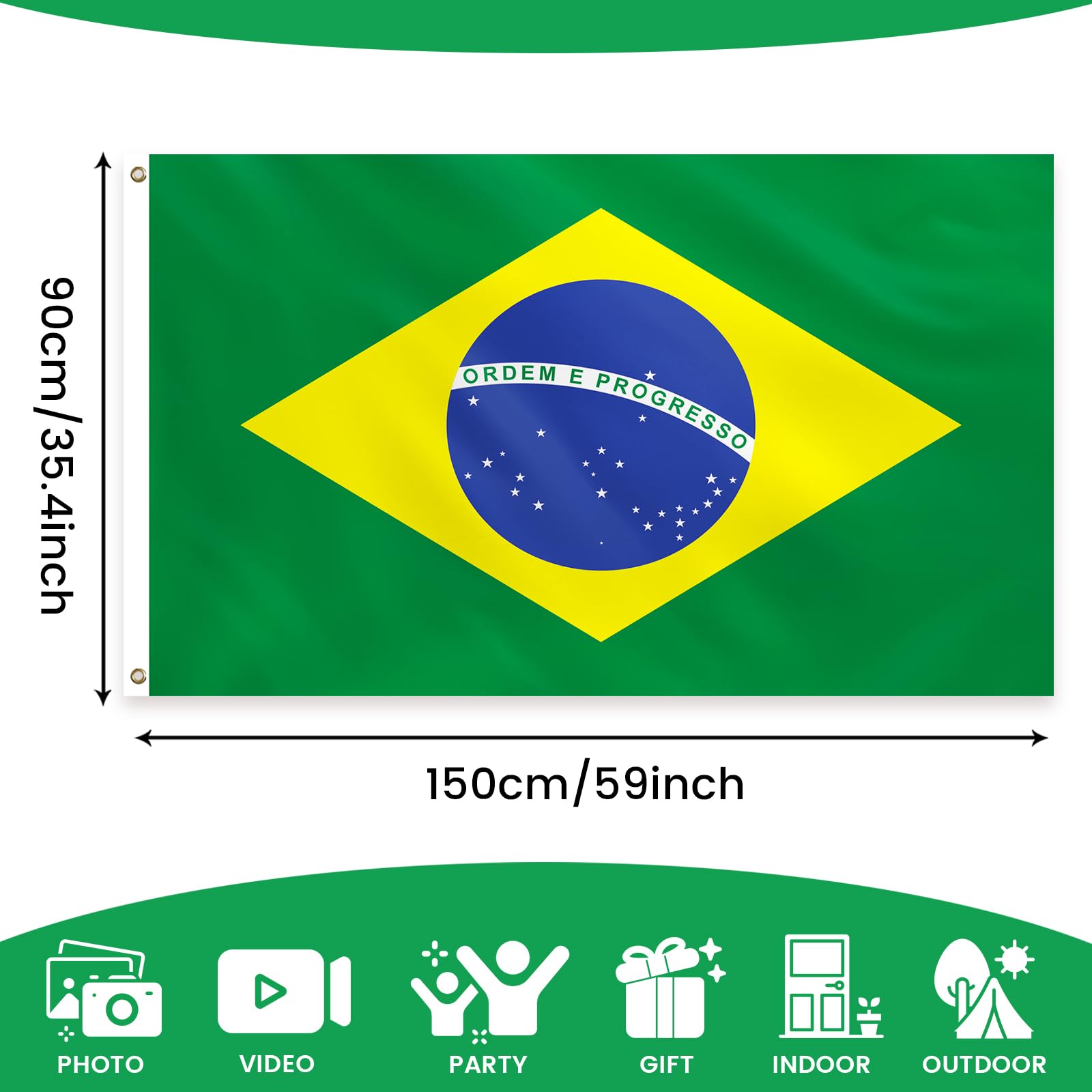 PartyYaa Brazil Flag, 5ft x 3ft Brazilian Flag for Party Decorations Single Side with 2 Brass Eyelets, Waterproof - Image 2