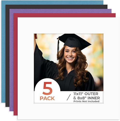 Frametory, 5 Pack 11x11 Mixed Photo Mat, Square Matboard for 8x8 Pictures