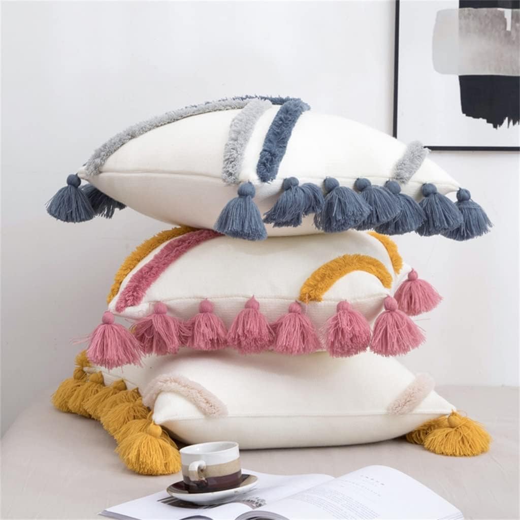 HBJWOV Cushion Cover 45x45cm Boho STYL Yellow Tassles Decoration Knit Soft Home Pillow for Living Room Bedroom(Black)