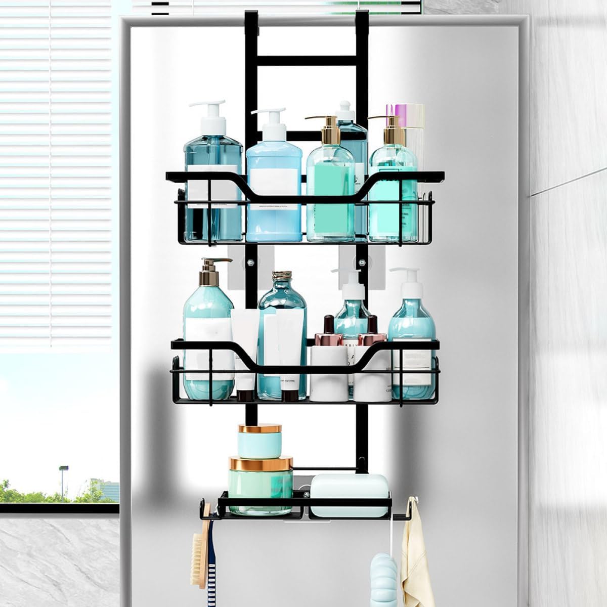 VALICLUD Door Shower Caddy 3-tier Metal Hanging Organizer Bathroom Storage Shelf Black No Drilling Hanging Bathroom Organizer over Door Towel Rack