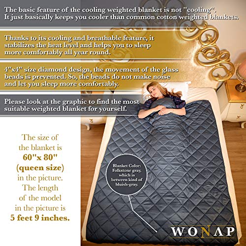 Wonap Bamboo Weighted Blanket | 100% Natural Bamboo Cooling With Premium Glass Beads | 15 Lbs | 60"X80" Queen Size | For Adult And Kids | Heavy Blanket | Folkstone Grey #TOP1