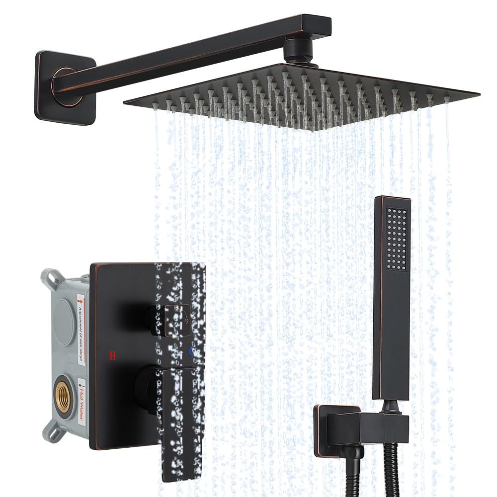 Oil Rubbed Bronze Shower System YCAIKOI Wall Mount Shower Faucet Set for Bathroom 10 Inch High Pressure Luxury Shower Head with Handheld, Rough-in Valve Body and Trim Included