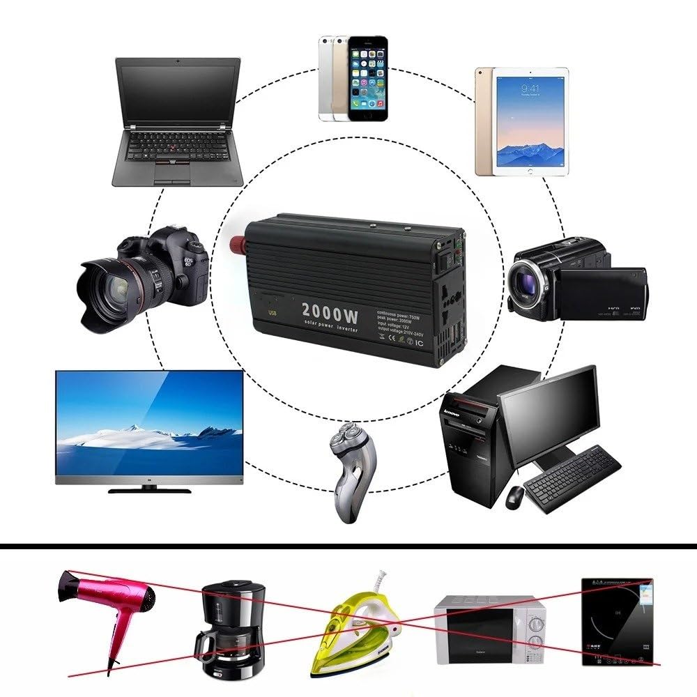 Inverter Convertitore Nero Rosso Argento Dual USB 2000W Portatile Inverter Caricabatterie Convertitore Adattatore DC 12V/24V A AC 220V 230V Presa Universale(12V 220V Red)