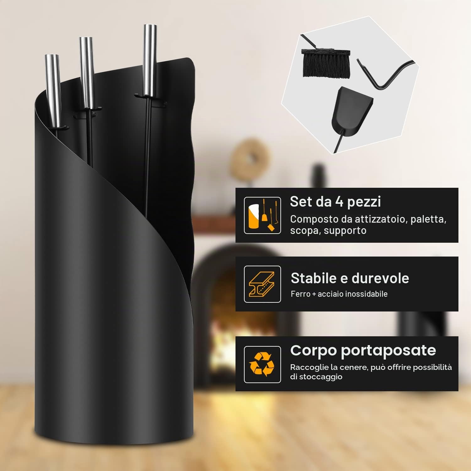 Randaco set di attrezzi per camino nero moderno, 4 pezzi in acciaio inossidabile, con pala, scopa, attizzatoio, supporto da appendere per cucina, casa, arredamento, accessori decorativi, set per la