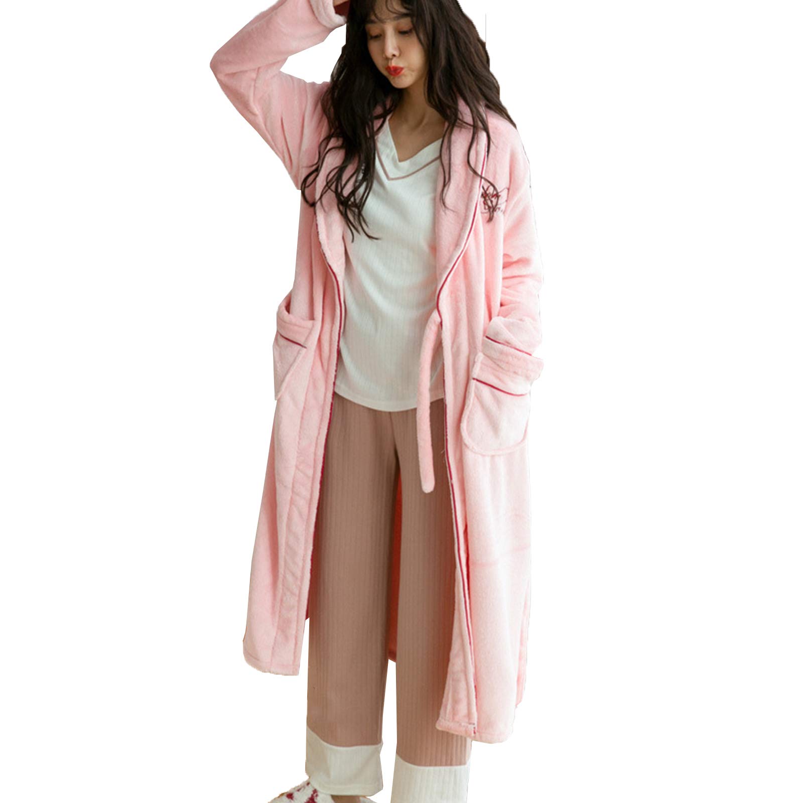 Pyjama long en flanelle pour femmes robe de nuit douillette rose