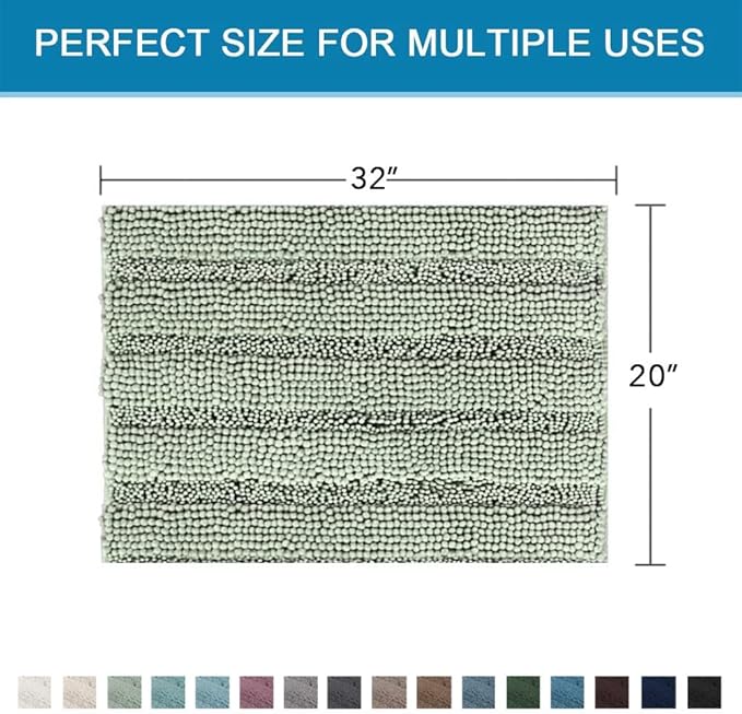 H.VERSAILTEX Bath Mats for Bathroom Non Slip Thick Chenille Striped Bath Rug Absorbent Fluffy Soft Shaggy Rugs Washable Dry Fast Plush Mats for Indoor, Bath Room, Tub - 17" x 24", Sage