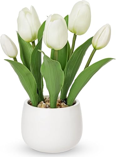 Hollyone White Tulips Artificial Flowers in Vase Fake Tulips Silk Flowers Arrangements Faux Tulip Bulbs with Ceramic Tulip Pot Potted Plants Floral Bouquet for Home Decor Table Centerpiece Decorations