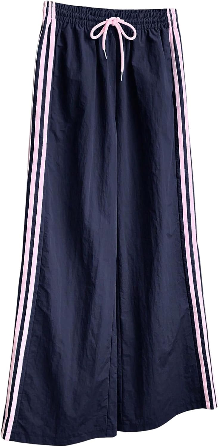 SOLY HUX Women's Y2k Striped Side Baggy Pants Drawstring Elastic Waist Wide Leg Track Pants Streetwear