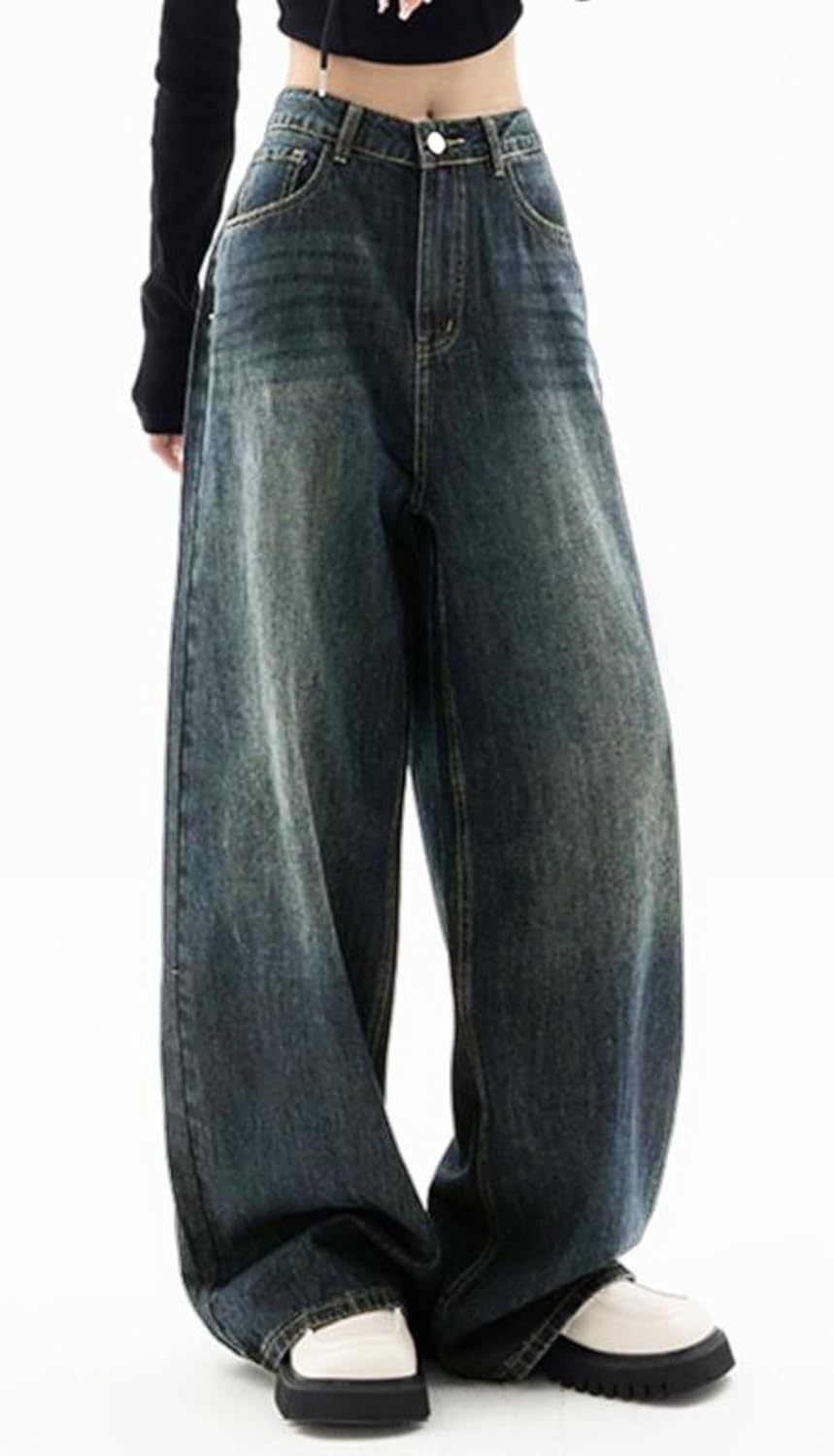 EMMIOL Mid-Low Rise Baggy Jeans for Women, Straight Leg Vintage Boyfriend Jeans with Distressed Details