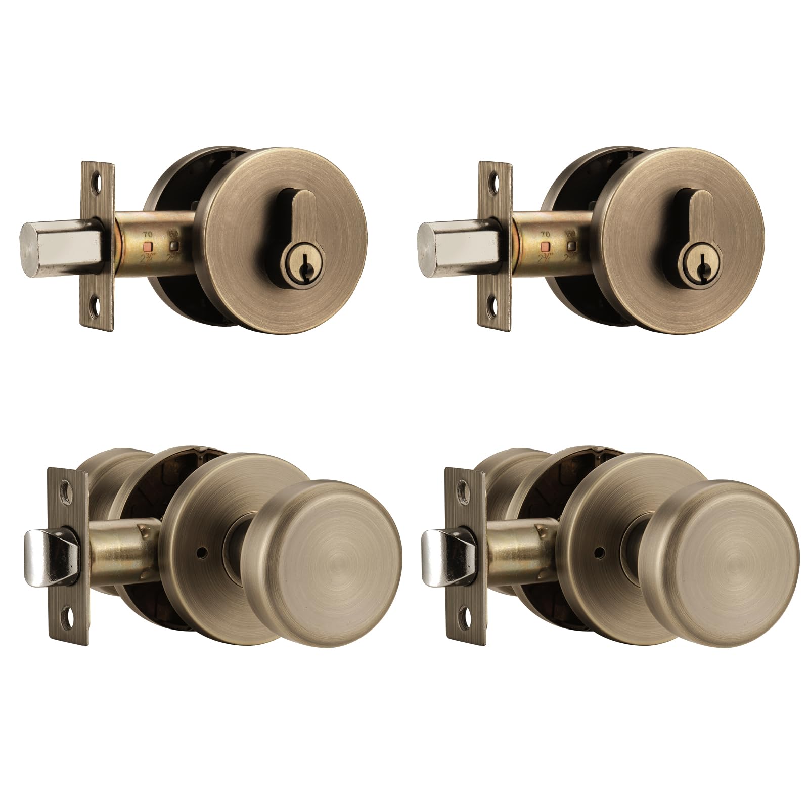 Ncsen Antique Brass 2 Pack Exterior Door Lock Set, Front Door Knob With Deadbolt