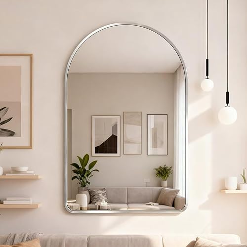 Miniatura 6 de Espejo arqueado plateado de 24 x 36 pulgadas para baño, espejo de tocador o decoración de pared, espejo de arco de metal cepillado, espejo montado