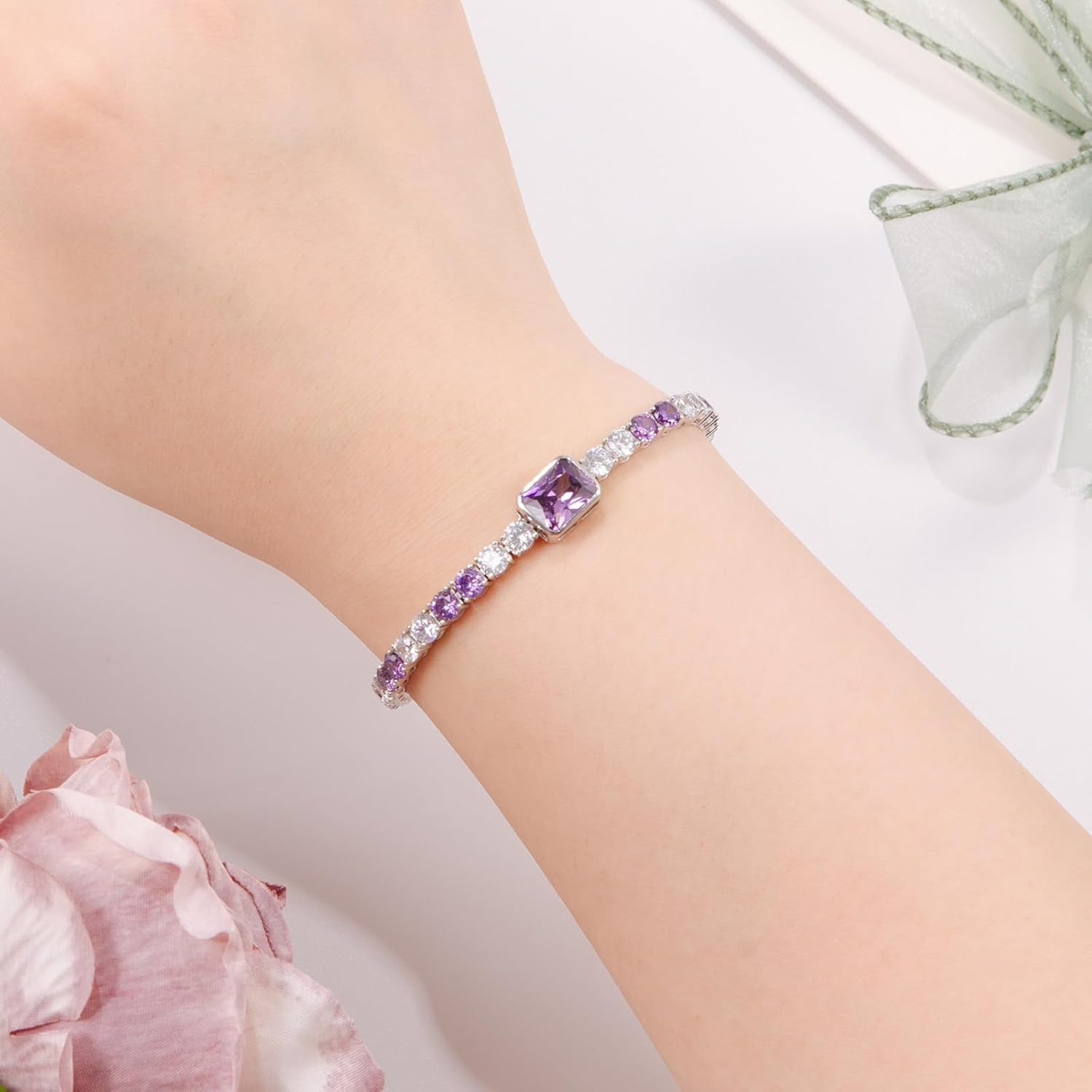 Birthstone Bracelets for Women Birthday Gifts 4CT Radiant Cut Birthstone 4mm Sterling Silver White Gold Tennis Bracelets for Women Round Cut 5A Cubic Zirconia Bezel Setting 7 Inch - Image 3