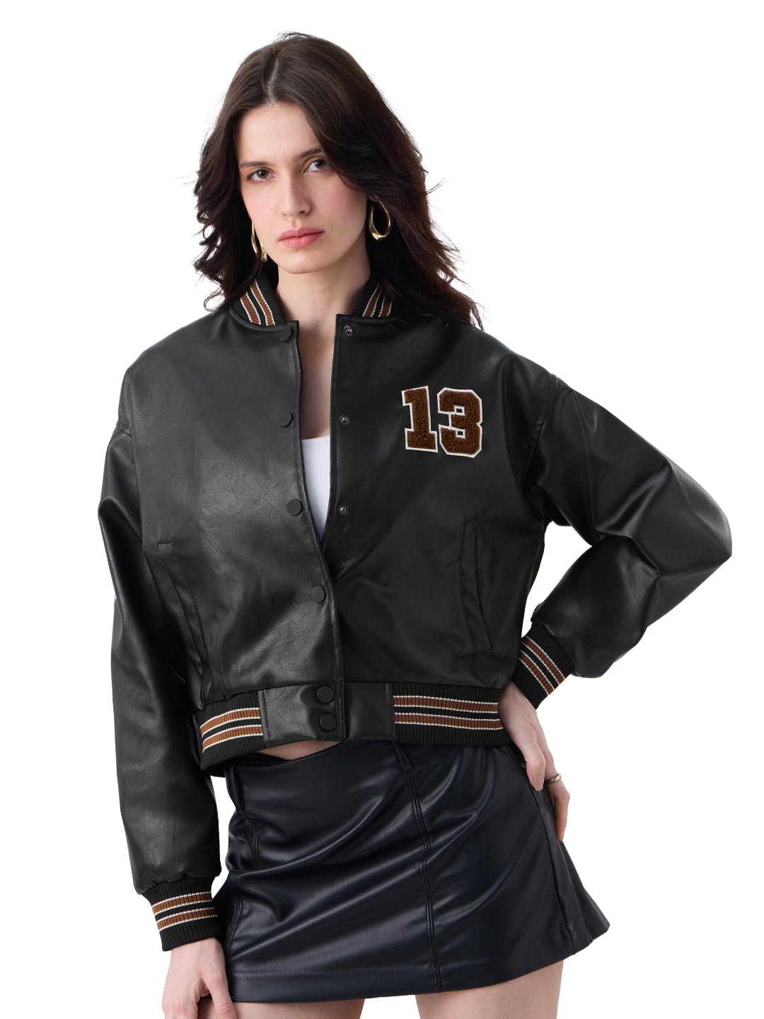 the souled store Varsity Jacket: Phantom Women and Girls Full Sleeves Mandarin Collar Black Solid Polyester Towelling Embroidery Winter Casual Oversized Vasity Jacket-picture-23