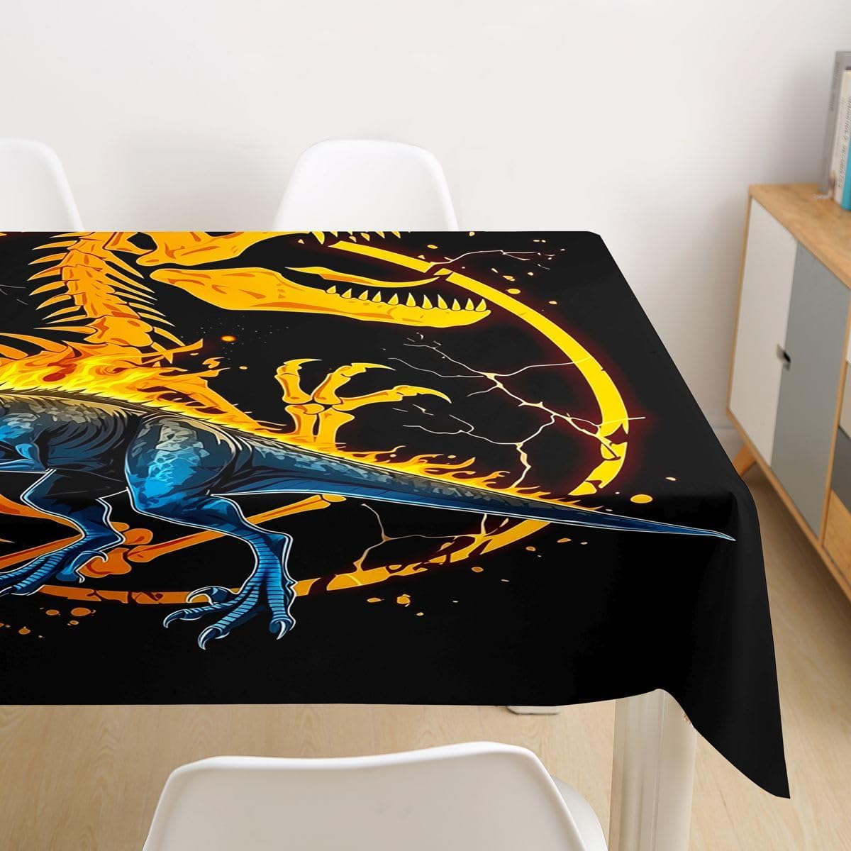 Homewish Blue Dinosaur Tablecloths,Flaming Dinosaur Bones Table Cloth,Anicent Tale Table Accessories for Kitchen Dining Room Decor,Wild Animals Dining-Table Cover,55"x94" image 2