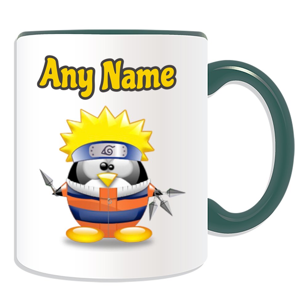Unigift Green Personalised Gift - Naruto Mug (Penguin Cartoon Character Costume Colour Options) Unique Name Message Silly Funny Superhero Hero Super Anime Ninja Fire Uzumaki