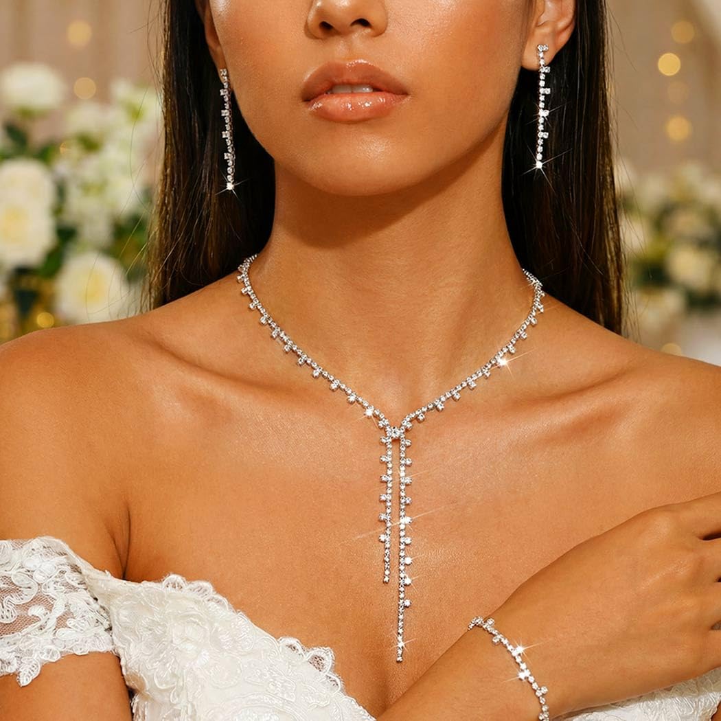 Aukmla Prom Jewelry Set Rhinestone Necklace Earrings Bracelet Sets Costume Jewelry for Women and Brides - Image 3