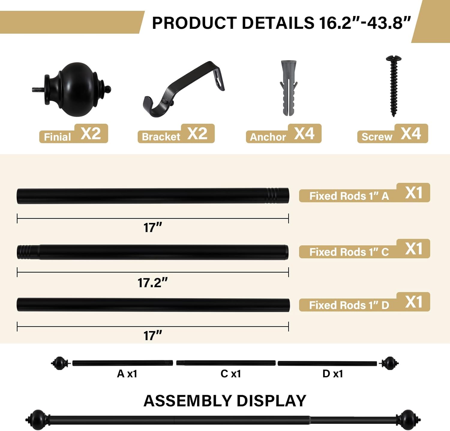 H.VERSAILTEX Curtain Rods for Windows 16.2 to 43.8 Inches 1 inch Diameter Adjustable Decorative Telescoping Curtain Rod with Brackets Heavy Duty Splicing Window Rods with Decorative Finials, Black