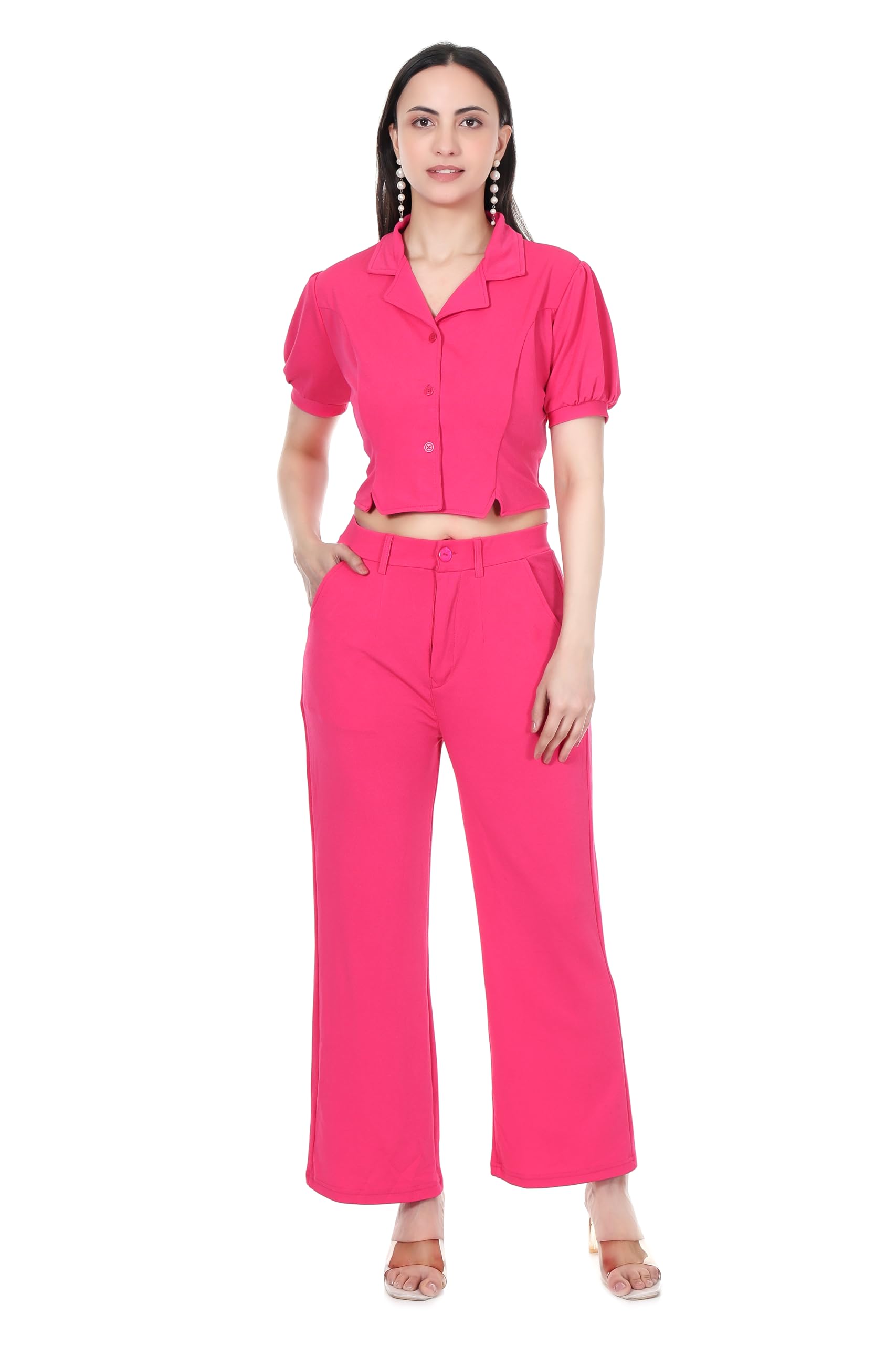 Women's Two Piece Co-ord Set,Crop Top with Puff Sleeves and Wide Leg Pants, Button Front Collared Shirt (IN, Alpha, S, Regular, Pink)
