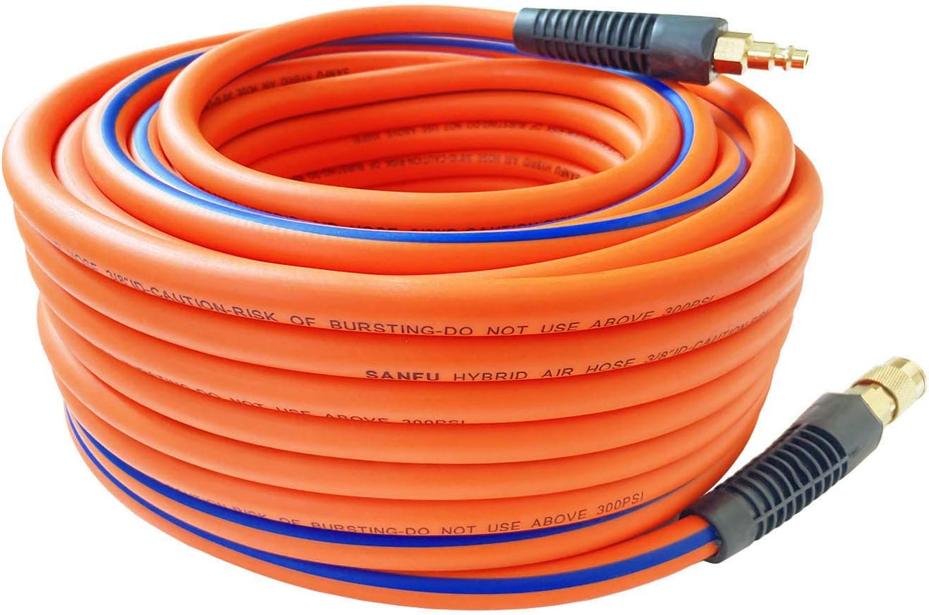 SANFU Hybrid PVC/Rubber 3/8”ID x 100ft, 300PSI Durable, Lightweight, Air Compressor Hose with 1/4” Industrial Brass Coupler and Plug, Bend Restrictors, Orange(100’)