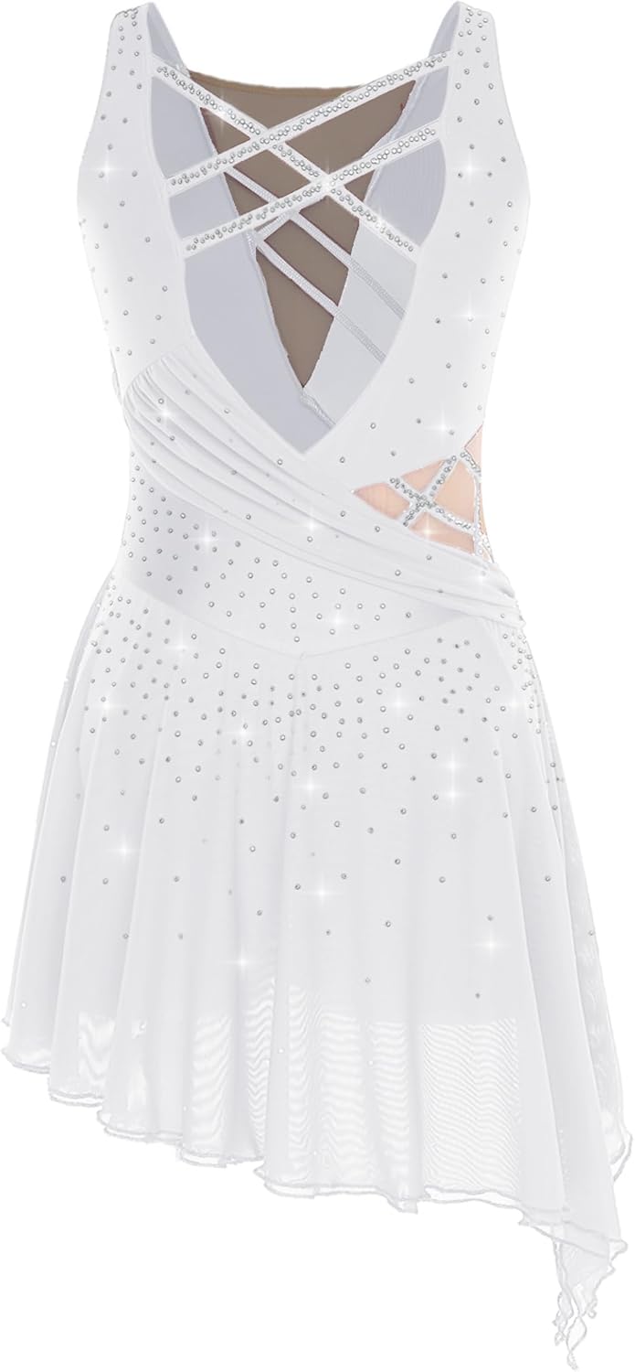 Linjinx Womens Figure Skating Dress Modern Lyrical Dance Costume Ballet Shiny Rhinestone Leotard Dancewear