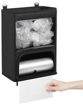 2-in-1 Plastic Bag Holder with Clear Window, Large Grocery Bag Holder and garbage bag dispenser with Easy-Access Openings, Trash bag organizer for Kitchen RV Cabinet Wall Mounted Black