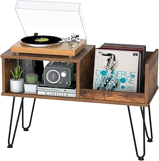 Vinyl Record Player Stand Turntable Stand with Metal Dividers and Legs LPs Album Storage Cabinet Media Audio Video Turntables Stand End Table Nightstand for Bedroom Living Room Office (Brown)