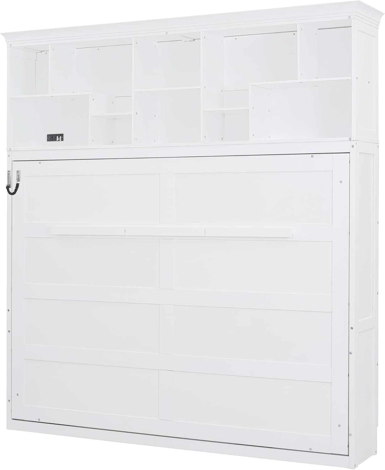 P PURLOVE Queen Size Murphy Bed with Top Shelves, Wood Wall Bed with USB, No Box Spring Needed, White