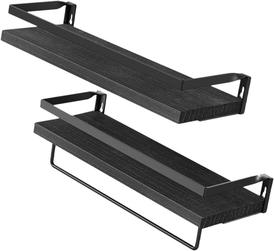 VICASKY Black Wooden Floating Wall Shelf 40x15x7.2cm, Wall-Mounted Rustic Storage Holder for Bathroom Kitchen Bedroom Decor, Single Set