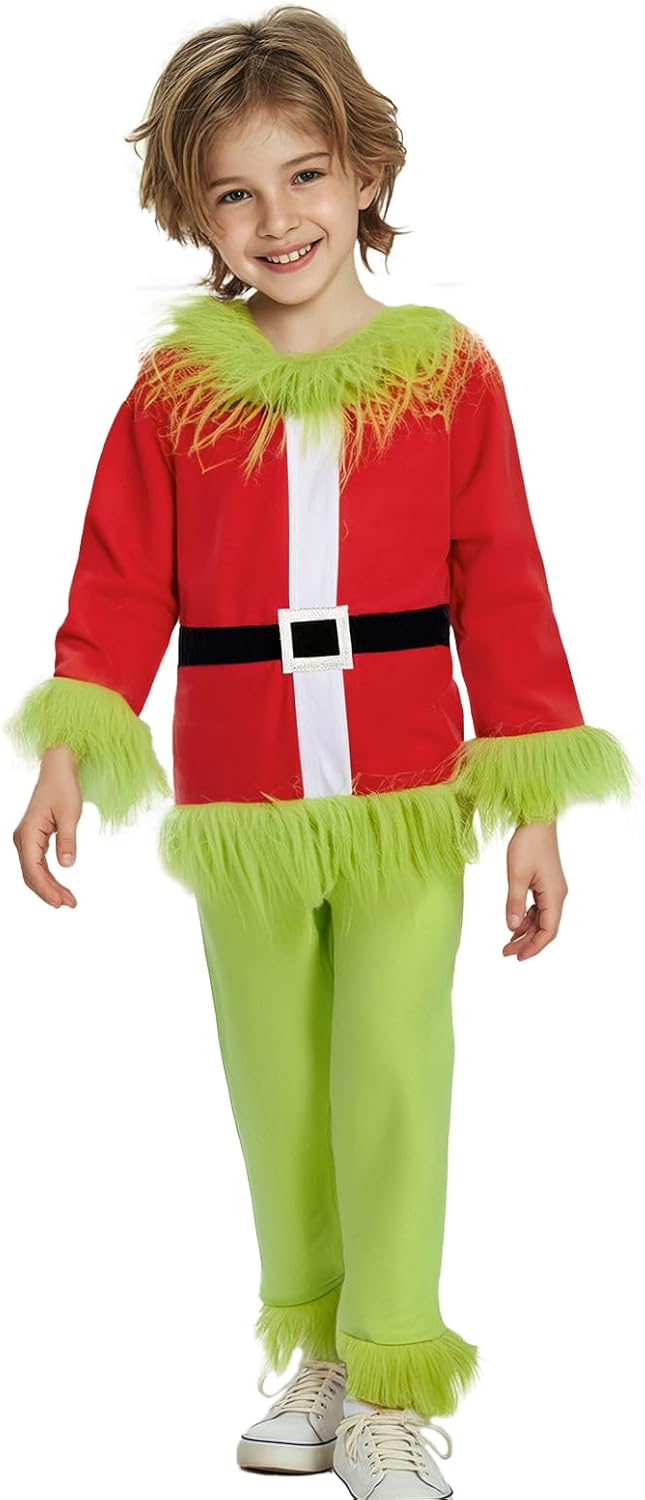 Kids Boys Girls Christmas Santa Cosplay Costume Green Monster Hooded Santa Claus Furry Suit Xmas Funny Clothes Set