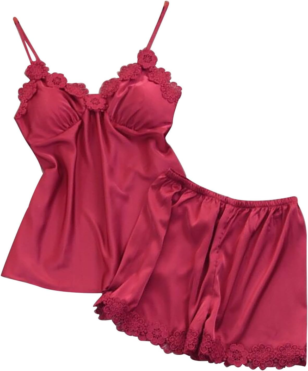 Satin Pajama Set for Women Cami Tops Bulit in Bra Soft Nightwear Silk Pajama Shorts Set Lace V-neck Lingerie Sets