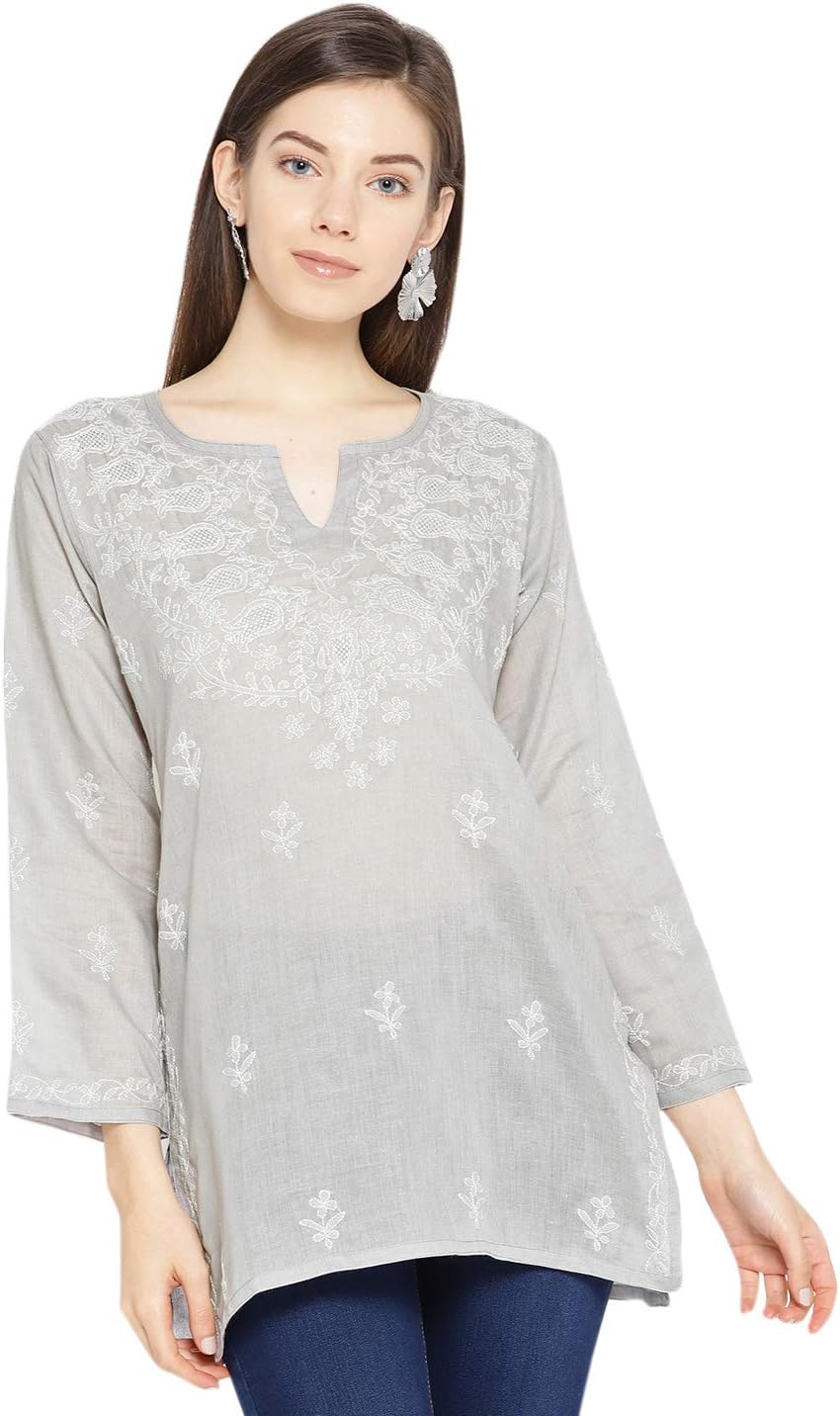 Ada Hand Embroidered Indian Traditional Chikankari Cotton Tunic Top Kurti Shirt for Women A911116