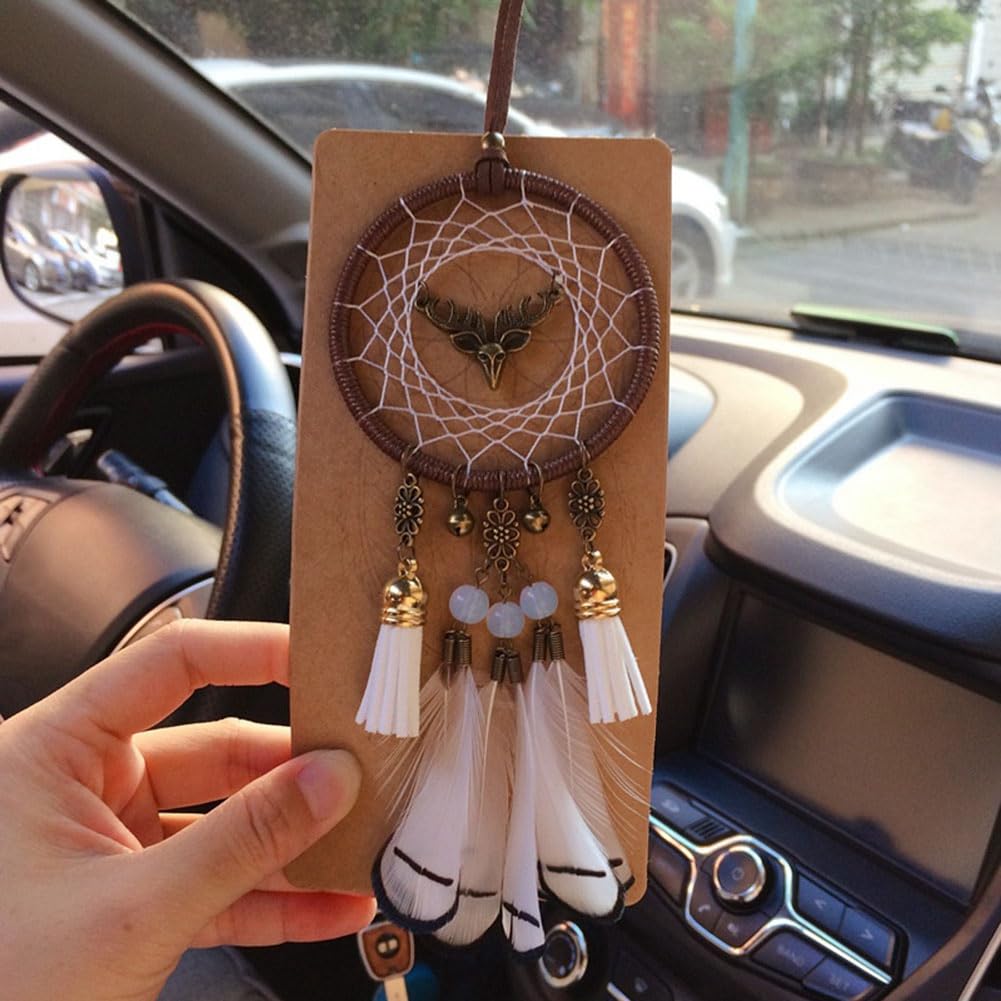 Ciondolo Acchiappasogni Con Piume Per Specchietto Auto - Vivace, Decorazione Boho Bianca Lunga 65 Cm